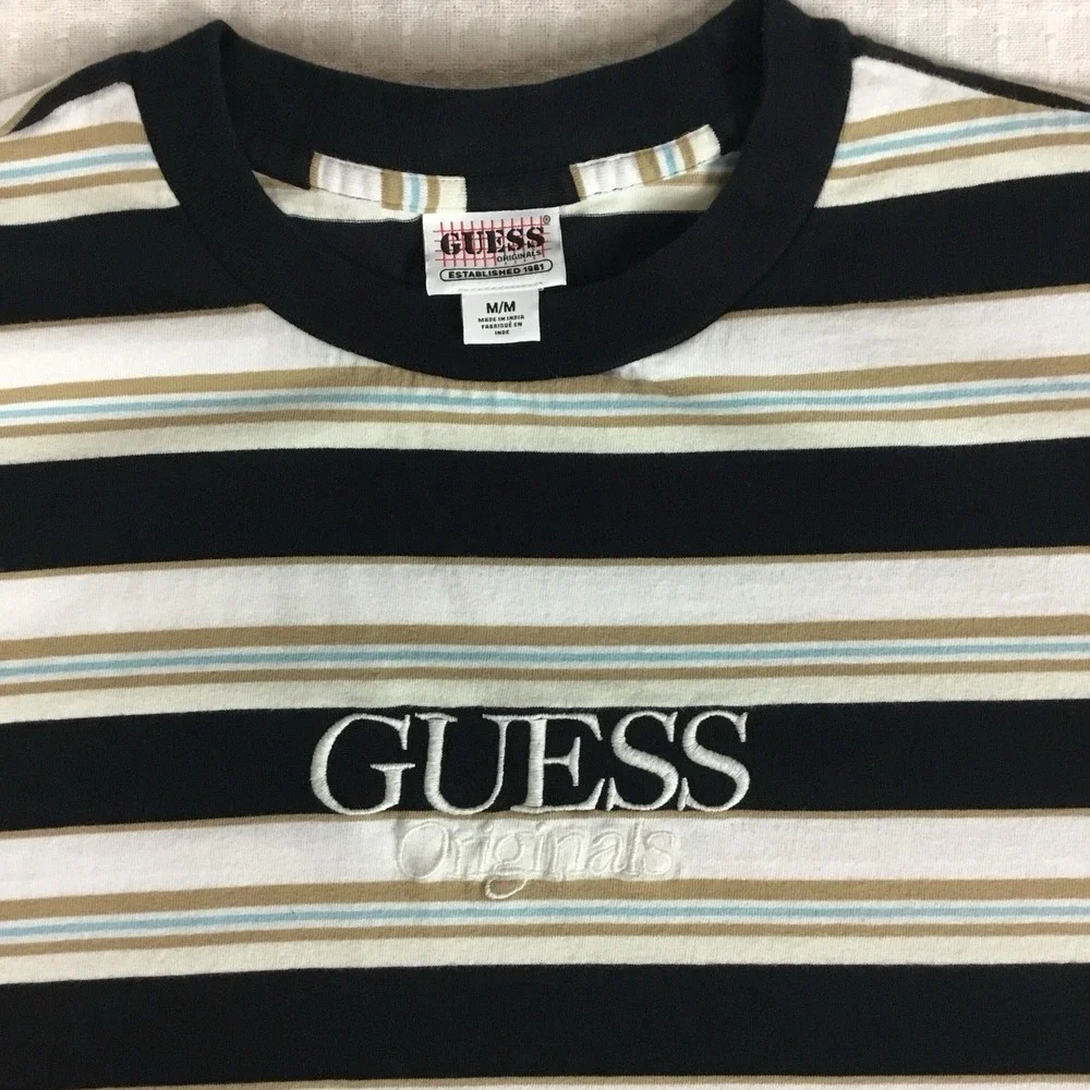 Guess Originals Men Striped T-Shirt Black White Tan Blue Embroidered Logo Size M - Picture 2 of 8